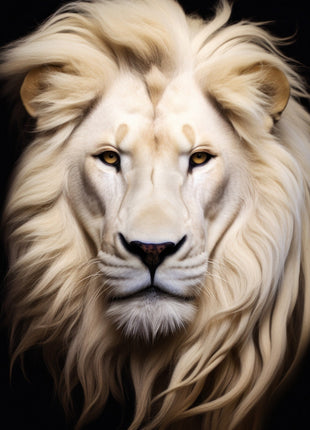 White lion facing forward with a long flowing ivory mane and pale golden eyes against black.