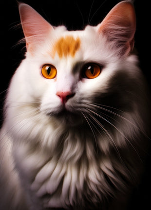 White long-haired cat with ginger forehead patch, amber eyes and tall pink ears.