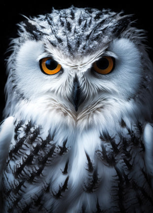 White-and-gray owl with orange eyes, a tousled crown and dark feather markings against black.
