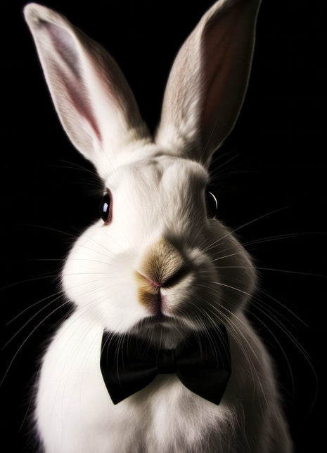 White rabbit with tall upright ears wearing a black bow tie against black.