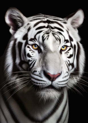 White tiger facing forward with amber eyes, charcoal stripes, pink nose and long whiskers against black.