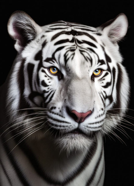 White tiger facing forward with amber eyes, charcoal stripes, pink nose and long whiskers against black.