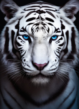White tiger facing forward with ice-blue eyes, bold black stripes and a pink nose against black.