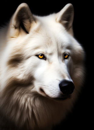 White wolf in three-quarter view looking right with golden eyes and thick cream-silver fur against black.