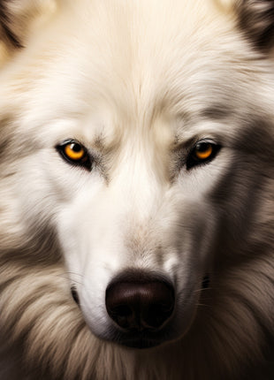 Close-up white wolf with cream fur, amber eyes, softly shadowed muzzle and dark nose.