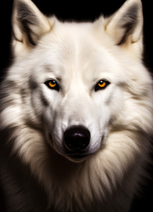 White wolf facing forward with a broad cream ruff, dark ear edges, warm eyes and black nose.