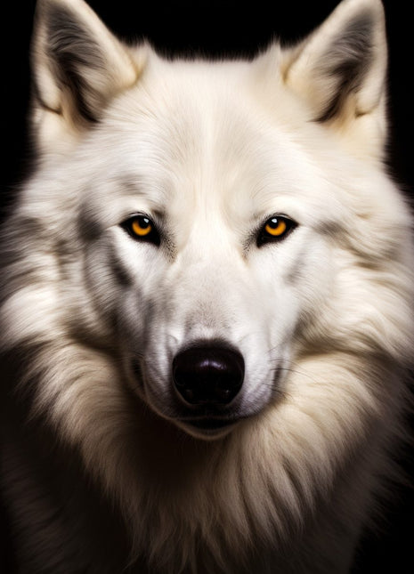 White wolf facing forward with a broad cream ruff, dark ear edges, warm eyes and black nose.
