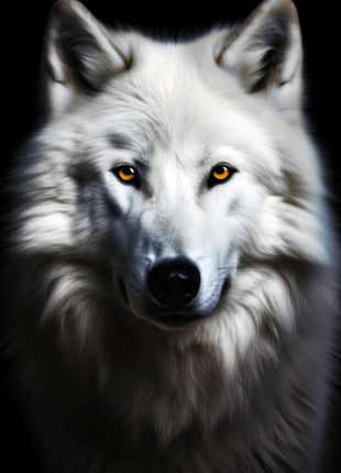White wolf facing forward with thick silver-white ruff, amber eyes and black nose against black.