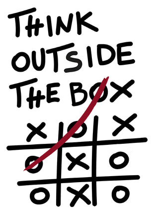 Hand-lettered THINK OUTSIDE THE BOX above tic-tac-toe, with a red winning stroke extending beyond the grid.