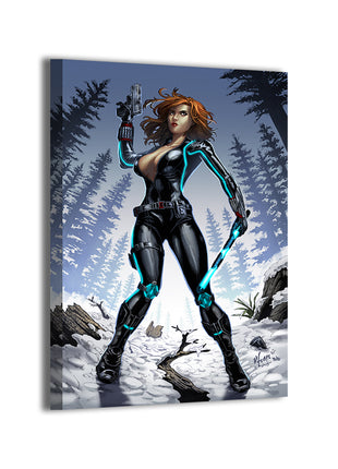 marvel spy natasha romanoff in tactical suit with neon lines