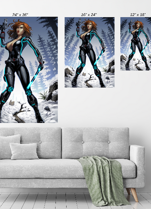 Size Chart Poster print featuring Black Widow in tactical pose with snowy forest background  
