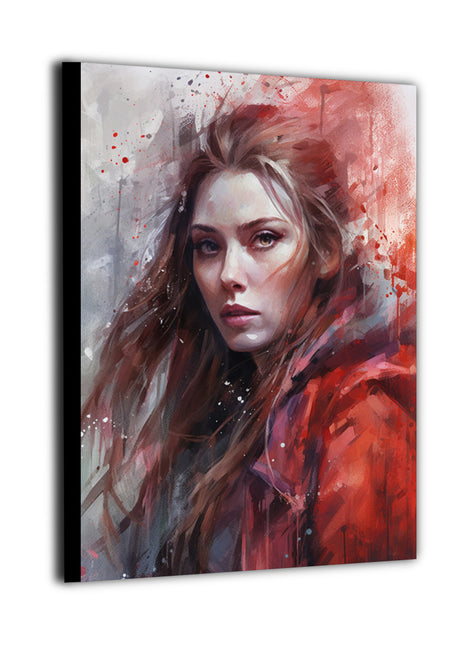 High-quality canvas wall art showcasing a crimson-themed sorceress portrait, expressive brush strokes, moody lighting, and a strong arcane presence.