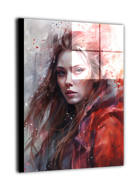Metal wall art featuring a dark fantasy witch illustration with crimson tones, textured depth, cinematic lighting, and a commanding magical aura.