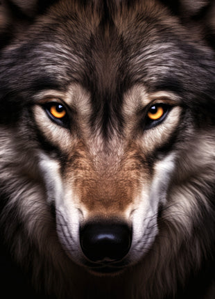 Close wolf portrait with amber eyes, charcoal-brown fur, silver facial highlights and dark muzzle.