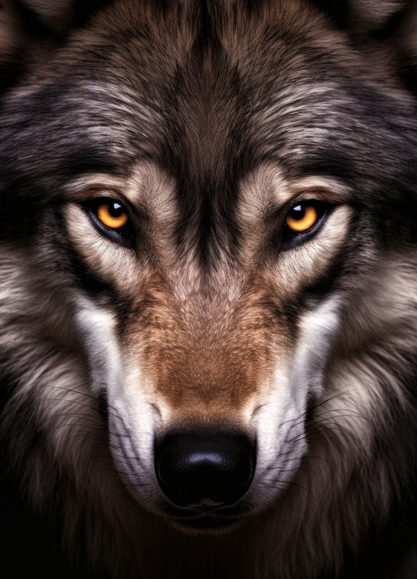 Close wolf portrait with amber eyes, charcoal-brown fur, silver-white cheeks, a brown muzzle and a black nose.