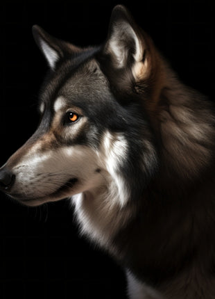 Wolf looking left in profile with an amber eye, long pale muzzle and silver-edged cheek fur on black.