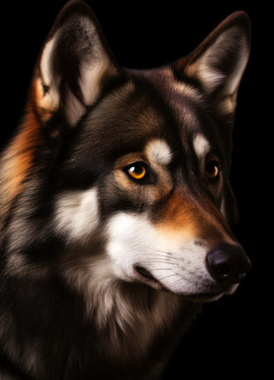 Dark wolf looking right with upright ears, an amber eye, warm brown cheek and pale muzzle on black.
