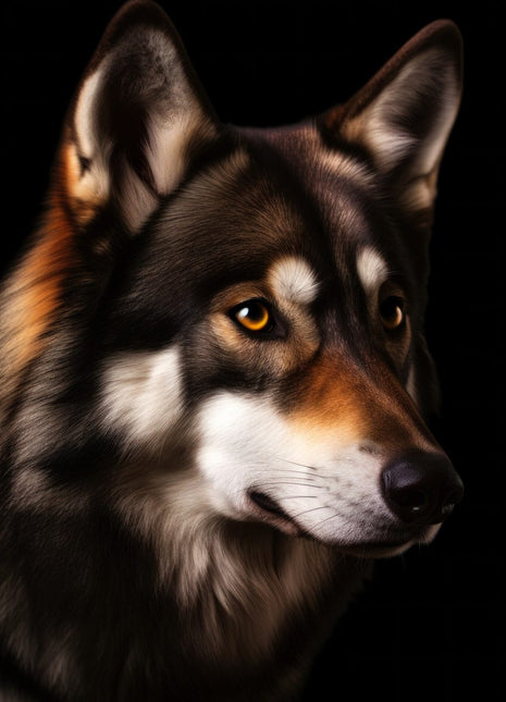Dark wolf looking right with upright ears, an amber eye, warm brown cheek and pale muzzle on black.