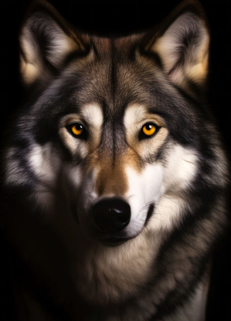 Wolf facing forward with golden-brown brow, amber eyes, pale cheeks and a dark chest against black.