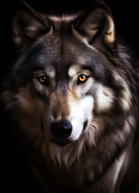 Dark brown wolf with slightly tilted head, silver-white cheeks, pale muzzle and bright eyes against black.