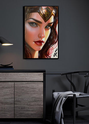 Amazon's Resolve Wonder Woman acrylic wall art print displayed in a modern room, artwork by Aurelio Rigoni
