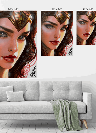 Amazon's Resolve Wonder Woman wall art size chart comparing 11x17, 12x18, 16x24, and 24x36 inch prints