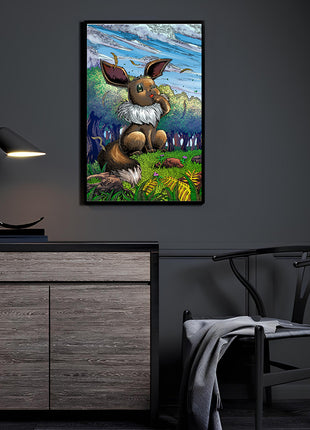 Eevee Pokémon wall art in forest setting, 11x17 fine art print