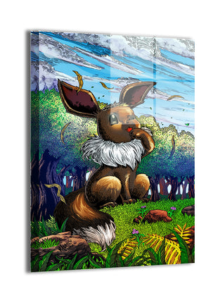 Metal wall art of Eevee sitting in forest clearing, 16x24 size
