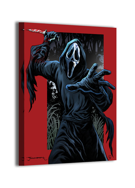 Ghostface Scream wall art on canvas, artwork by Julius Abrera with colors by Ibrahim Aydin, gallery‑wrapped and ready to hang.