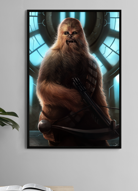 Chewbacca-inspired 11x17 wall art print – crossbow pose, blue glow