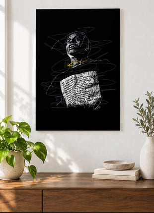 Words Across the Chest acrylic wall art displayed above a wooden console with plants and books against a white wall.