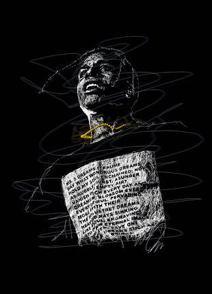 Words Across the Chest: presents a man with his head tipped back above a large white text panel on a black shirt.