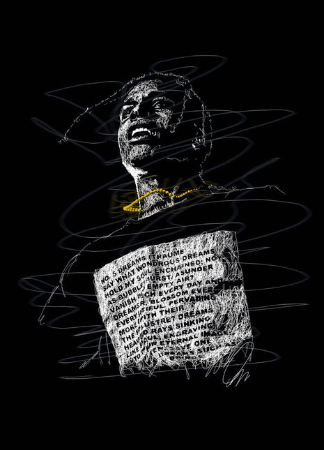 Words Across the Chest: presents a man with his head tipped back above a large white text panel on a black shirt.