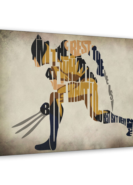 "Wordsmith Warrior – Wolverine Typography Art on canvas, acrylic, and metal – front view featuring Wolverine’s silhouette created entirely from his iconic catchphrase."
