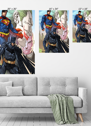 Batman Superman Joker and Lex Luthor Wall Art room display mockup by Jey Soliva