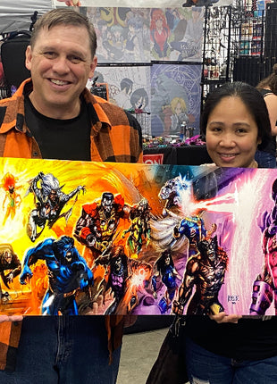 Metal wall art of zombie X-Men charging Magneto in chaotic Marvel scene 