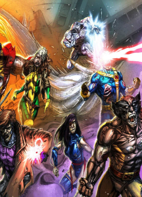 Canvas wall art of zombie X-Men charging Magneto in chaotic Marvel scene 