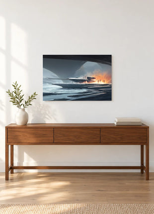 X-Wing Shelter in the Ice acrylic wall art displayed above a wooden console with a leafy vase and stacked books against a white wall.