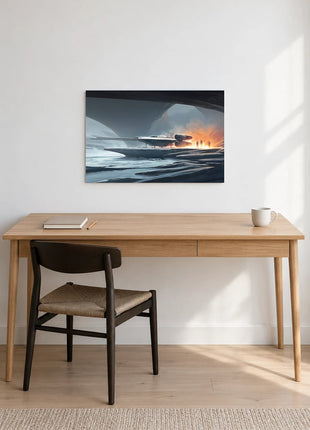 X-Wing Shelter in the Ice acrylic wall art displayed above a wooden desk with a notebook, pencil and white mug against a white wall.