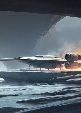 X-Wing Shelter in the Ice original artwork: shows an X-wing resting inside a cavernous icy space with small figures nearby.