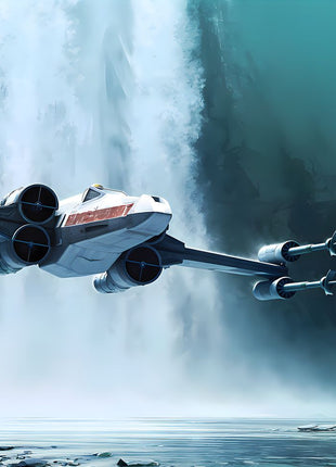 X-Wing Waterfall Run original artwork: shows an X-wing starfighter banking near a broad waterfall.