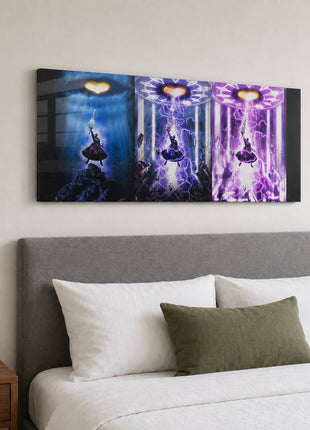 Master Xehanort raising his Keyblade across three blue, violet and pink Kingdom Hearts panels on acrylic wall art above a gray upholstered headboard in a bedroom with white bedding.