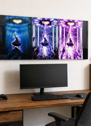 Master Xehanort raising his Keyblade across three blue, violet and pink Kingdom Hearts panels on acrylic wall art above a computer monitor in a game room with white walls.