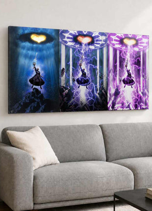 Master Xehanort raising his Keyblade across three blue, violet and pink Kingdom Hearts panels on acrylic wall art above a light gray sofa in a living room with white walls.