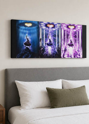 Master Xehanort raising his Keyblade across three blue, violet and pink Kingdom Hearts panels on canvas wall art above a gray upholstered headboard in a bedroom with white bedding.