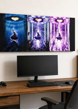Master Xehanort raising his Keyblade across three blue, violet and pink Kingdom Hearts panels on canvas wall art above a computer monitor in a game room with white walls.