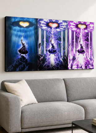 Master Xehanort raising his Keyblade across three blue, violet and pink Kingdom Hearts panels on canvas wall art above a light gray sofa in a living room with white walls.