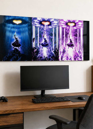 Master Xehanort raising his Keyblade across three blue, violet and pink Kingdom Hearts panels on metal wall art above a computer monitor in a game room with white walls.