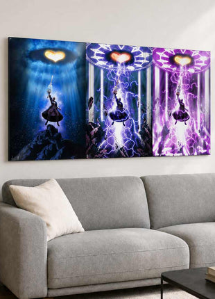 Master Xehanort raising his Keyblade across three blue, violet and pink Kingdom Hearts panels on metal wall art above a light gray sofa in a living room with white walls.
