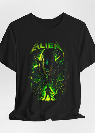 Draped front view of the black Xenomorph Acid Green Graphic T-Shirt.
